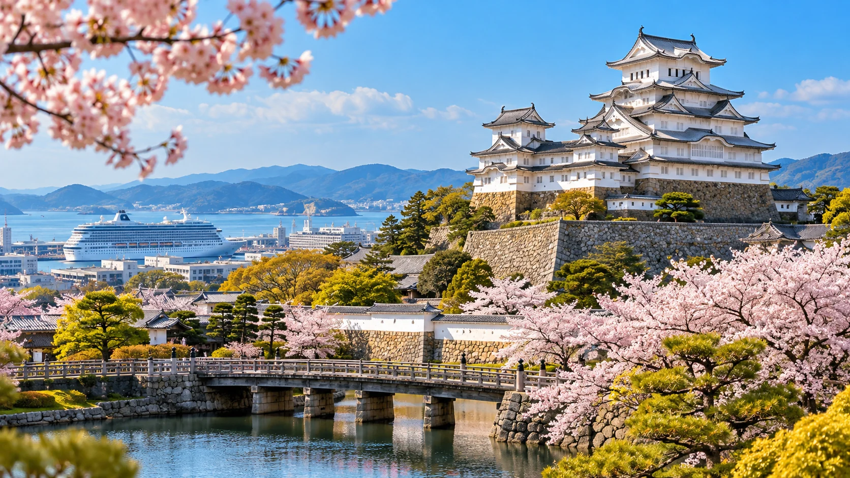 himeji 크루즈 기항지 분위기를 표현한 AI 생성 참고 이미지